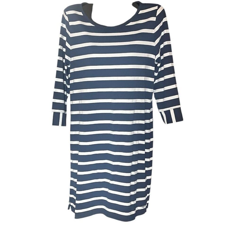 Vineyard Vines Pima Cotton Blue & White Striped Nautical 3/4 Sleeve Dress‎ Sz L